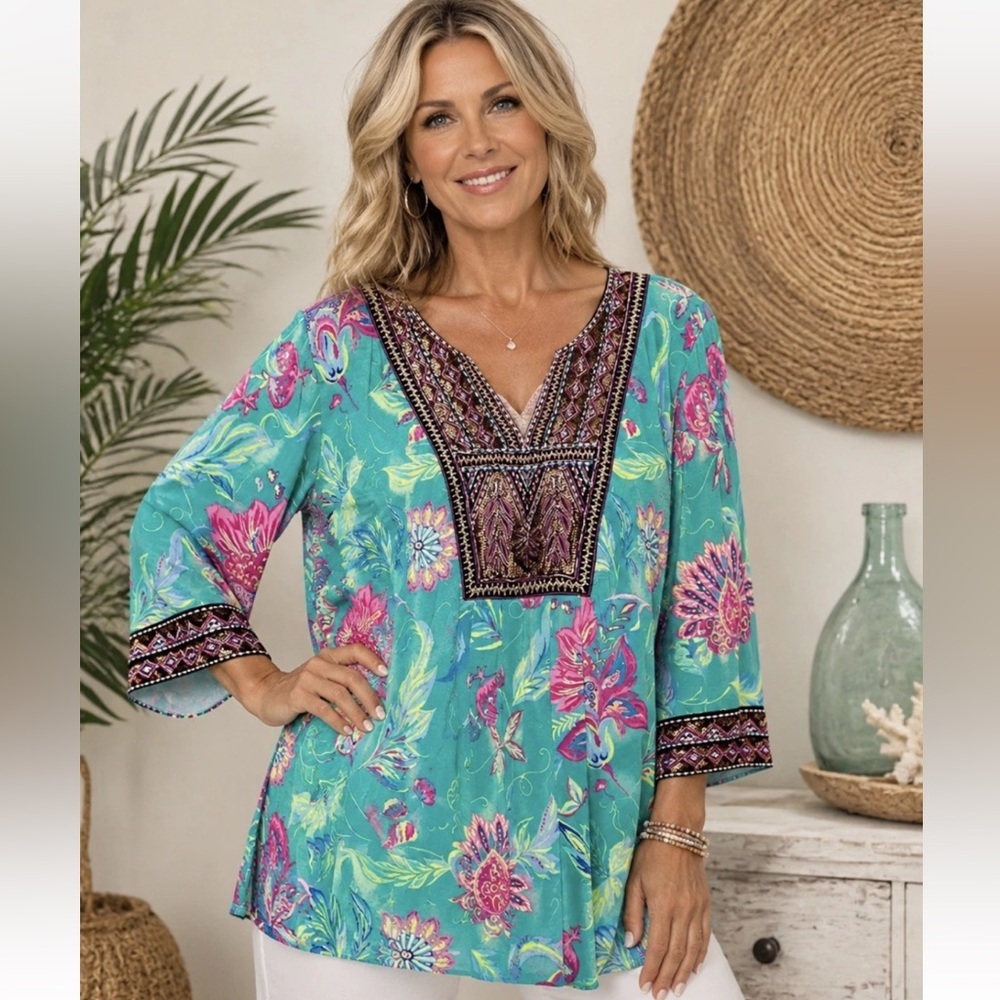 Soft Surrounding Beaded Maddalena Tunic Sz M Aqua Embroidery Top Blouse NWOT